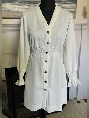 Sandro Cream Button-Front V-Neck Long Sleeve Dress